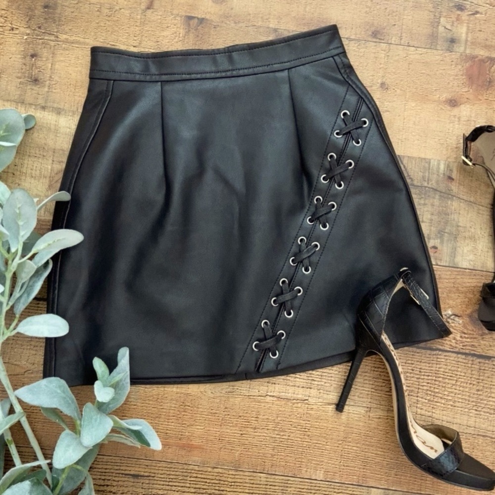 Skirt Leather Vegan Blank NYC Black Asymmetrical Mini Skirt Lace Up Detail